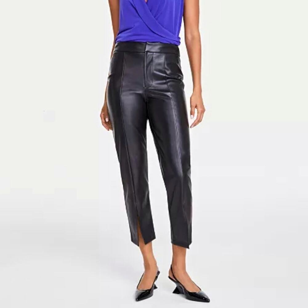 INC International Concepts Women's Black Faux Leather Front Slit Split Pants 14